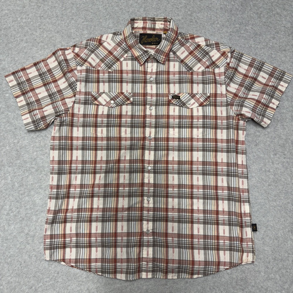 Howler Bros H Bar B Shirt Mens M Beige Plaid Western Pearl Snap Short Sleeve